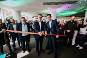 Silvio Schembri, ​​Malta’s Minister for the Economy, Enterprise and Strategic Projects and Max Portelli, SoftBet CFO, celebrate the opening of SoftBet’s brand new office at The Quad Central business centre.