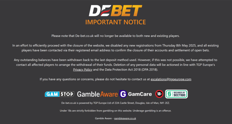 DEBET UK homepage showing that the brand has ceased operating 