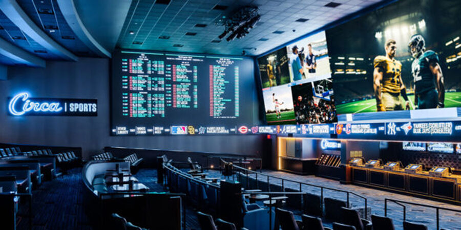 The space features an 80-foot-wide LED screen. Photo: The Mint Gaming Hall Kentucky Downs.