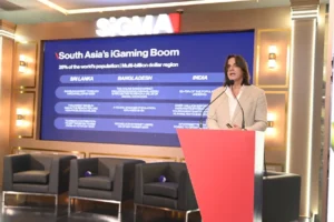 Eman Pulis speaking at SiGMA South Asia 2025.