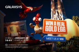 Galaxsys. Win a real gold egg. Meet us at ICE. Stand 1B40. January 20, start at 16:30.