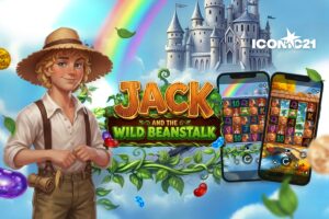 Promotional artwork for the 'Jack and the Wild Beanstalk' online game by ICONIC21. The image features a character illustration of Jack in a straw hat on the left, with the game title in the centre. In the background, a white castle sits atop clouds under a rainbow. Two smartphones on the right display the game's slot machine interface with various fairytale-themed symbols.
