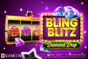 BGaming Bling Blitz Diamond Drop slot featuring golden reels, sparkling diamonds, coin symbols and three bonus chests on a dark luxury-themed background
