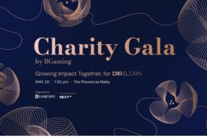 An event invitation for a "Charity Gala by BGaming" with the tagline "Growing Impact Together, for DAR BJORN." The details specify the event will take place on May 29 at 7:30 pm at The Phoenicia Malta. The design features a dark blue background with elegant, rose gold-colored abstract line art patterns. Logos for BGaming as the organizer and NEXT.io as the official media partner are displayed at the bottom.