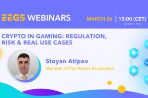 A promotional banner for an EEGS Webinar titled 'Crypto in Gaming: Regulation, Risk & Real Use Cases', scheduled for 26 March at 15:00 (CET). The graphic features a headshot of speaker Stoyan Atipov, Member of Pan Blocks Association, alongside glowing blue 3D blockchain cube illustrations on a purple and white background.