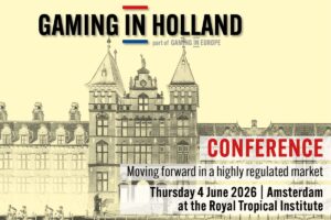 A promotional banner for the ‘Gaming in Holland Conference’ taking place on Thursday 4 June 2026 at the Royal Tropical Institute, Amsterdam. The graphic features a sepia-toned sketched illustration of the historic venue on a pale yellow background, with the subtitle ‘Moving forward in a highly regulated market’.