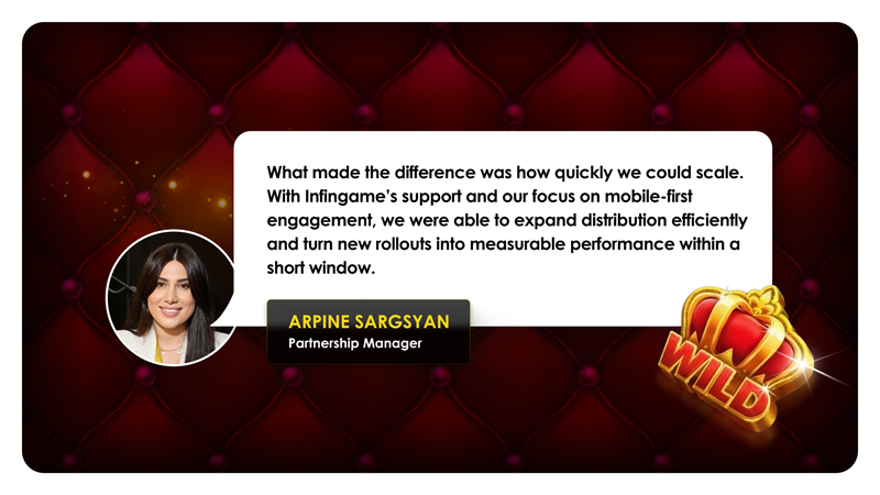 Arpine Sargsyan, partnership manager: "What made the difference was how quickly we could scale. With Infingame's support and our focus on mobile-first engagement, we were able to expand distribution efficiently and turn new rollouts into measurable performance within a short window."