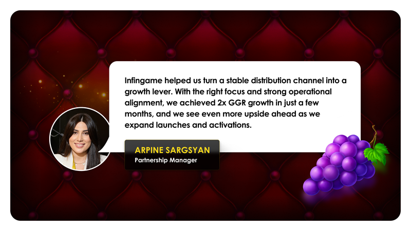 Arpine Sargsyan, partnership manager: "Infingame helped us turn a stable distribution channel into a growth lever. With the right focus and strong operational alignment, we achieved 2x GGR growth in just a few months, and we see even more upside ahead as we expand launches and activations."