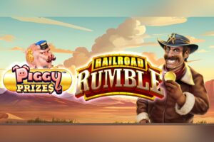 Promotional artwork for the online game ‘Piggy Prizes Railroad Rumble’. The graphic features a desert canyon landscape under a sunset sky with orange and pink clouds. On the left, a cartoon pig wearing a blue conductor’s cap with a gold dollar sign stands above the ‘PIGGY PRIZES’ logo. In the centre, the game title ‘RAILROAD RUMBLE’ is displayed in large, bold metallic letters. On the right, a smiling cowboy character wearing a blue sheriff’s hat and a brown leather jacket holds up a gold coin.