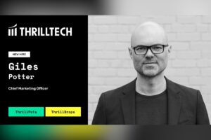 A ‘New Hire’ announcement graphic for THRILLTECH featuring a black and white portrait of Giles Potter, the new Chief Marketing Officer. The left side displays his name and role in white text on a black background, alongside the company logo and two buttons for ‘ThrillPots’ and ‘ThrillDrops’. Potter is shown on the right wearing glasses and a dark blazer.