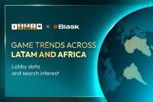 A promotional graphic announcing a partnership between 1spin4win and #Blask. The headline ‘GAME TRENDS ACROSS LATAM AND AFRICA’ is displayed in gold capital letters on a dark teal background. The subtext reads ‘Lobby data and search interest’. To the right, a stylised globe highlights South America and Africa with a glowing dotted pattern.