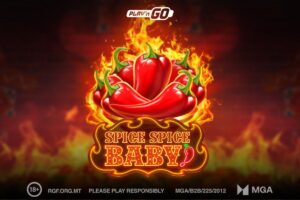 Promotional artwork for the online slot game ‘Spice Spice Baby’ by Play’n GO. The central image features a cluster of vibrant red chili peppers engulfed in intense orange flames. Below the peppers, the title ‘SPICE SPICE BABY’ is displayed in a glowing, neon-style font within a decorative gold frame. The background is a dark, fiery red with sparks and smoke, and small regulatory logos including MGA and ‘PLEASE PLAY RESPONSIBLY’ are visible at the bottom.
