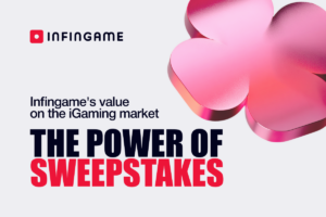 A promotional graphic for INFINGAME set against a white background. The image features the headlines ‘THE POWER OF SWEEPSTAKES’ in large red and black text and ‘Infingame's value on the iGaming market’. A 3D metallic pink four-leaf clover is positioned in the top-right corner, with the INFINGAME logo in the top-left.