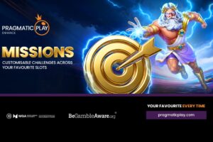 A promotional graphic for Pragmatic Play’s ‘Missions’ gamification tool. The design features a dark, modern background with the word ‘MISSIONS’ in large, bold white lettering. It includes the Pragmatic Play logo.