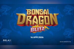 A promotional graphic for Relax Gaming's 'Bonsai Dragon Blitz' game. The title is displayed in large 3D gold and red lettering above the date 16 April 2026. The blue background features subtle watermark-style illustrations of dragons and bonsai trees, with the company logo and the 'Driving Differentiation' tagline at the bottom.