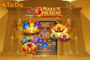 Promotional artwork for the '3 Pharaoh Treasure' online game by TaDa Gaming. The image features a smartphone in the centre displaying the game's Ancient Egyptian-themed slot interface. In the foreground, golden snake-headed pots filled with coins and colourful jewels are shown next to a 'FREE GAME' badge. The background depicts a grand golden temple with two large seated pharaoh statues.