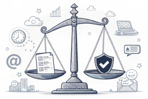 A large scale balances between data protection and marketing practices, with digital elements representing sensitive player information and commercial outreach.