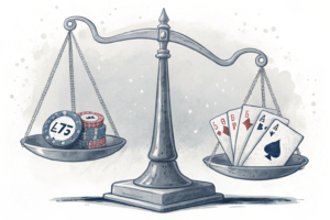 A scale balances between a clear path of information and a blurred path of promotional messages in the gambling industry.