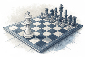 A chessboard with one empty square symbolizing the departure of a key piece, while a diverse group of chess pieces gather around to fill the gap.
