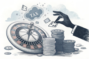 A shadowy hand casts a tax cloud over a fading stack of digital assets, while a digital roulette wheel spins in the background.