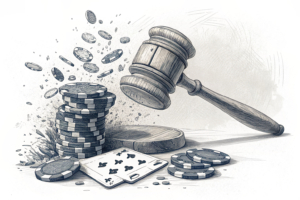 A crumbling stack of casino chips dissolves into thin air under the shadow of a gavel hovering above.