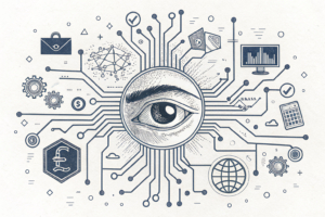 A labyrinthine network of interconnected digital chips is enveloped by a translucent, all-seeing eye overseeing the flow of gambling activity.