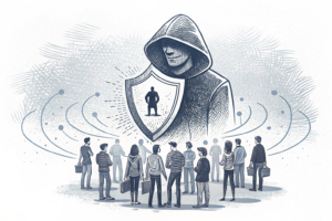 A digital shield surrounds a group of diverse people, while a shadowy figure lurks in the background.
