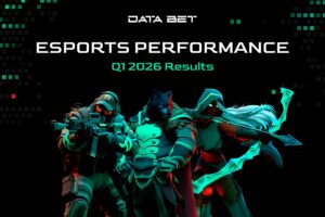A promotional graphic for DATA.BET titled ‘ESPORTS PERFORMANCE Q1 2026 Results’ in bold white and neon green lettering. The image features three 3D-rendered characters against a dark background with green pixelated digital patterns.