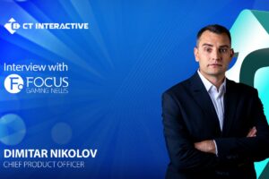 A promotional graphic for an interview from Focus Gaming News with Dimitar Nikolov, Chief Product Officer at CT Interactive. On the right, there is a portrait of Dimitar standing with his arms crossed.