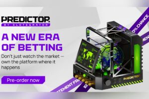A promotional graphic for ‘PREDICTOR BY SLOTEGRATOR’ set against a light grey geometric background. On the left, the headline reads ‘A NEW ERA OF BETTING’ in large purple text, followed by the subtext ‘Don't just watch the market — own the platform where it happens’ and a purple ‘Pre-order now’ button.