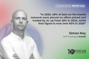 A promotional graphic for a ‘Voices of the World Cup’ feature with Simon Noy, SVP Trading at Kambi. On the left, a black-and-white portrait shows Noy standing with his arms crossed, wearing a white collared shirt. On the right, a large dark grey quote reads: “In 2025, 48% of bets on the Kambi network were placed on offers priced and traded by AI, up from 28% in 2024, while that figure is now over 60% in 2026”. The Focus Gaming News logo is positioned in the bottom-right corner.