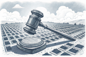 A giant gavel hovers over a vast digital landscape of betting platforms, casting a shadow over the unregulated half of the market.