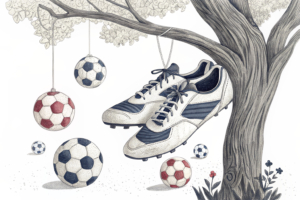 A pair of soccer cleats dangle from a tree branch, surrounded by colorful soccer balls floating away.
