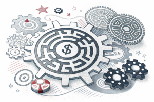 A maze of interconnected gears symbolizing the complex technical changes required for new deposit limit regulations in the gambling industry.