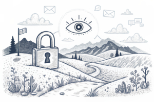A watchful eye oversees a barren landscape where promotional tactics wither away, while a digital lock restricts the growth of marketing schemes.