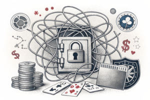 A tangled web of digital wires surrounds a locked vault, symbolizing tightened regulations on online gambling transactions.
