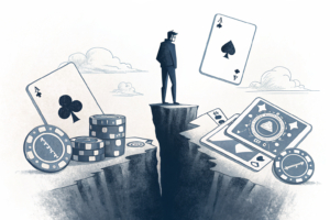 A shadowy figure stands at the edge of a digital abyss filled with fading online gambling platforms, symbolizing the increasing demand for treatment of gambling addiction.