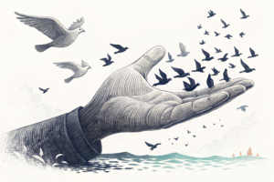 A giant hand gently guides a flock of diverse birds towards a new horizon of freedom and opportunity.