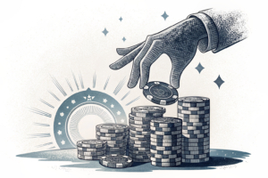 A towering hand casts a shadow over a glowing stack of digital casino chips that gradually diminish in size.