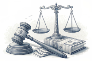 A scale balancing a stack of digital prediction market contracts against a heavy federal gavel, symbolizing the legal battle over state transaction taxes.