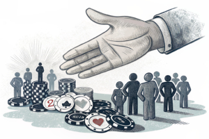 A giant hand casts a shadow over a group of digital influencers surrounded by fading gambling chips.