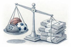 A scale balances a stack of sports equipment on one side and a pile of financial documents on the other, tilting towards the financial side.