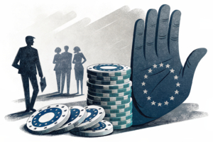 A large hand restricts access to a stack of digital gambling chips, with a shadowy figure representing foreign customers on one side and a blurred silhouette symbolizing Georgian citizens on the other.