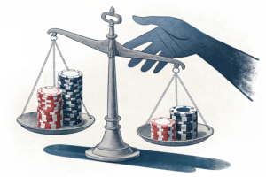 A scale weighing a stack of digital betting chips against a shadowy, oversized hand representing the black market's influence.