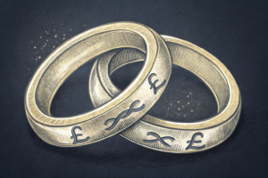 Two intertwined golden rings symbolize the new two-round format of the UK National Lottery, shining brightly against a dark background.
