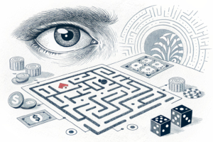 A watchful eye oversees a maze of interconnected digital pathways, emphasizing the importance of prompt reporting of suspicious transactions in the gambling industry.
