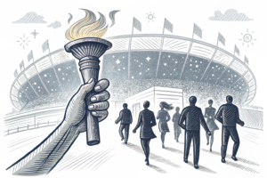 A hand holding a torch lights the way for a group of digital figures towards a glowing stadium, symbolizing the importance of pre-event awareness in sports betting marketing.