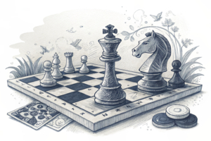 A chessboard with strategic pieces in motion, symbolizing the transition of leadership within the gambling industry lobby group.
