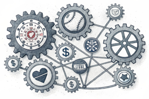 A tangled web of interconnected gears symbolizes the complex relationship between sports event prediction markets and state gambling regulations.