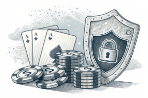 A digital shield blocks a stream of credit cards from reaching a stack of online gambling chips, emphasizing consumer protection and responsible gaming.